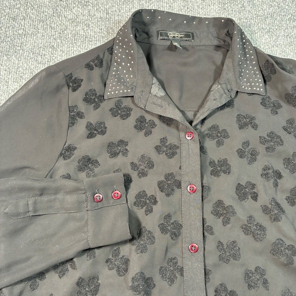 Jessica Simpson Blouse Womens M Black Sheer Flocked Floral Studded Long Sleeve